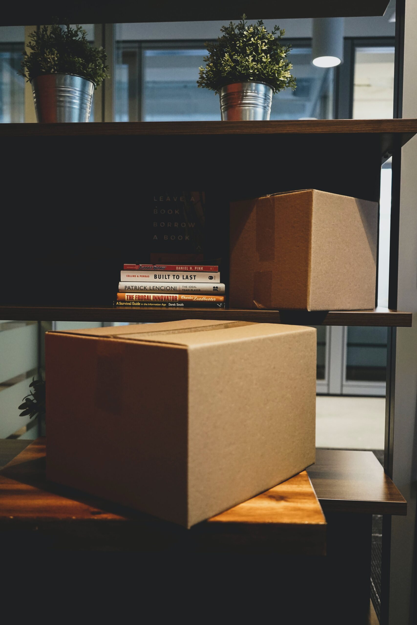 two brown boxes and DVD cases on rack